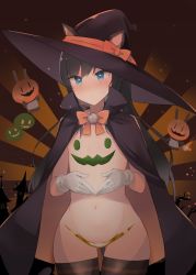 Rule 34 | 1girl, asashio (kancolle), black cape, black hair, black hat, black thighhighs, blue eyes, blush, brown background, cape, closed mouth, cowboy shot, flat chest, gloves, halloween, halloween costume, hat, kantai collection, long hair, navel, shin (new), solo, thighhighs, white gloves, witch hat