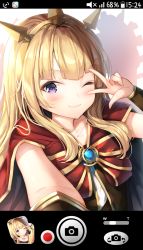 Rule 34 | 2girls, blonde hair, blush, bow, bowtie, brooch, cagliostro (granblue fantasy), cape, closed mouth, collarbone, commentary request, crown, gauntlets, glint, gold trim, granblue fantasy, hand up, highres, jewelry, long hair, looking at viewer, lyria (granblue fantasy), multiple girls, one eye closed, open mouth, outstretched arm, fake phone screenshot, purple eyes, reaching, reaching towards viewer, red cape, red neckwear, selfie, shadow, shiero., shirt, sidelocks, smile, upper body, w, w over eye, white shirt