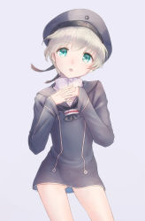 Rule 34 | 10s, 1girl, :o, beret, blue eyes, clothes writing, dress, hat, highres, kantai collection, kikuyoshi (tracco), open mouth, own hands clasped, own hands together, personification, sailor dress, sailor hat, short hair, silver hair, simple background, solo, z1 leberecht maass (kancolle)