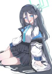 Rule 34 | 1girl, absurdres, aqua halo, aris (blue archive), black hair, blue archive, blue eyes, halo, highres, long hair, long sleeves, looking at viewer, necktie, olecafe2, open mouth, simple background, smile, solo