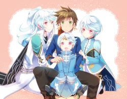 Rule 34 | 10s, 4boys, age progression, bad id, bad pixiv id, bishounen, blush, brown hair, green eyes, kokuro, long hair, male focus, mikleo (tales), multiple boys, official alternate costume, open mouth, ponytail, purple eyes, short hair, smile, sorey (tales), tales of (series), tales of zestiria, white hair