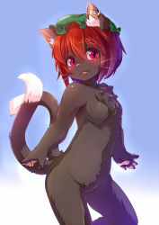 Rule 34 | 1girl, animal ear fluff, animal ears, animal nose, bad id, bad nicoseiga id, blush, breasts, brown hair, cat, cat ears, cat tail, chen, earrings, furrification, furry, furry female, hat, jewelry, kagerofu, looking at viewer, multiple tails, nekomata, no navel, no nipples, nude, open mouth, pink eyes, short hair, small breasts, solo, sparkle, tail, touhou, two tails, whiskers