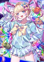 Rule 34 | 1girl, :d, blonde hair, blue bow, blue eyes, blue hair, blue nails, blue shirt, blue skirt, blunt bangs, blush, bow, cat, chouzetsusaikawa tenshi-chan, commentary request, cowboy shot, cup, cursor, emoji, hair bow, hair ornament, hand on own hip, hand up, heart, heart hair ornament, highres, long hair, long sleeves, looking at viewer, multicolored hair, multicolored nails, multiple hair bows, needy girl overdose, open mouth, pink bow, pink hair, pink nails, pleading face emoji, pleated skirt, purple bow, quad tails, sailor collar, school uniform, serafuku, shirt, skirt, smile, solo, sparkle, standing, stuffed animal, stuffed octopus, stuffed toy, teddy bear, twintails, v-shaped eyebrows, v over eye, very long hair, window (computing), yellow bow, yoake, yunomi