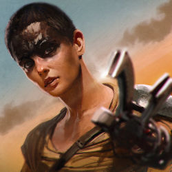 Rule 34 | 1girl, blurry, depth of field, gradient background, ilya kuvshinov, imperator furiosa, looking at viewer, mad max, mad max: fury road, realistic, short hair, solo, upper body