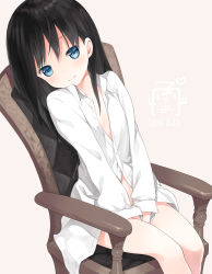 Rule 34 | 10s, 1girl, 2016, alternate costume, asashio (kancolle), bare legs, between legs, black hair, blue eyes, capriccio, chair, closed mouth, commentary request, dated, dress shirt, hand between legs, heart, heart-shaped pupils, hibanar, kantai collection, long hair, long sleeves, looking at viewer, naked shirt, no panties, no pants, shirt, simple background, sitting, solo, symbol-shaped pupils, thighs, v arms, white shirt