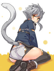 Rule 34 | 1girl, animal ears, ass, blush, boots, cat ears, cat tail, cougar (cougar1404), from behind, grey hair, looking at viewer, open mouth, orange eyes, short hair, short shorts, shorts, solo, tail