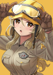 Rule 34 | 1girl, absurdres, badge, breasts, brown eyes, brown gloves, brown hair, brown jumpsuit, construction worker, gloves, hard hat, hasegawa (hase popopo), helmet, highres, jumpsuit, large breasts, long hair, looking at viewer, shinomiya himawari, simple background, solo, upper body, vividred operation, yellow background