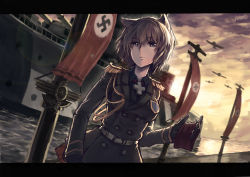 Rule 34 | 1girl, absurdres, aiguillette, aircraft, airplane, animal ears, battleship, bismarck, bismarck (warship girls r), black gloves, blue eyes, brown hair, buttons, cat ears, cross, double-breasted, epaulettes, gloves, highres, historical name connection, iron cross, letterboxed, long sleeves, military, military uniform, military vehicle, name connection, nazi, original, rain (icetuofei), ship, short hair, sky, solo, sunset, swastika, turret, uniform, upper body, warship, warship girls r, water, watercraft, world war ii