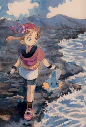 Rule 34 | 1girl, bandana, bike shorts, brown hair, brown legwear, closed mouth, cloud, collared shirt, commentary request, creatures (company), day, fanny pack, game freak, gen 3 pokemon, gloves, grey eyes, highres, knees, looking to the side, may (pokemon), mudkip, nintendo, orange bag, outdoors, pokemon, pokemon (creature), pokemon rse, red bandana, red shirt, shirt, shoes, short sleeves, skirt, sky, smile, socks, standing, water, white skirt, yamanote