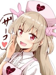 Rule 34 | 1girl, aikawa ryou, apron, bandaged arm, bandages, blush, collared shirt, fang, hair ornament, hat, heart, highres, light brown hair, looking at viewer, natori sana, nurse, nurse cap, open mouth, pink apron, pink hat, rabbit hair ornament, red eyes, sana channel, shirt, simple background, smile, solo, speech bubble, two side up, virtual youtuber, white background