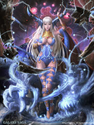 Rule 34 | 1girl, blue eyes, bracer, breasts, company name, copyright name, crystal, detached sleeves, electricity, english text, full body, galaxy saga, horns, icy guardian, jewelry, kilart, large breasts, leotard, lips, long hair, lots of jewelry, magic, md5 mismatch, nail polish, parted lips, realistic, silver hair, smoke, solo, standing, thigh strap, very long hair, watermark