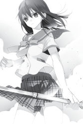 Rule 34 | 1girl, bare legs, closed mouth, cowboy shot, dress shirt, floating hair, frown, greyscale, hair between eyes, highres, himeragi yukina, holding, holding polearm, holding weapon, long hair, looking at viewer, manyako (mohumohu), miniskirt, monochrome, non-web source, novel illustration, official art, plaid, plaid skirt, pleated skirt, polearm, saikai academy school uniform, sailor collar, sailor collar lift, sailor shirt, school uniform, shirt, short sleeves, skirt, solo, standing, straight hair, strike the blood, weapon