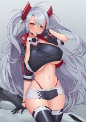 Rule 34 | 1girl, antenna hair, azur lane, black gloves, black jacket, black shirt, black thighhighs, blouse, blush, breasts, brown eyes, car, closed mouth, collarbone, collared shirt, commentary, cowboy shot, cropped jacket, gloves, grey background, groin, hair between eyes, half gloves, hand up, highres, jacket, large breasts, long hair, looking at viewer, mole, mole on breast, motor vehicle, multicolored hair, navel, official alternate costume, open clothes, open jacket, panties, pinkcap, prinz eugen (azur lane), prinz eugen (final lap) (azur lane), race queen, race vehicle, racecar, red hair, red panties, shirt, sidelocks, silver hair, simple background, skindentation, sleeveless, sleeveless shirt, smile, solo, standing, stomach, streaked hair, swept bangs, taut clothes, taut shirt, thighhighs, two side up, underwear, very long hair