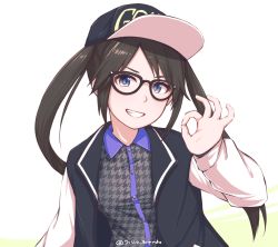 Rule 34 | 1girl, baseball cap, black-framed eyewear, black hair, blue eyes, commentary, disco brando, english commentary, glasses, grin, hat, idolmaster, idolmaster shiny colors, long hair, looking at viewer, mitsumine yuika, ok sign, simple background, smile, solo, twintails, twitter username, underwear, white background