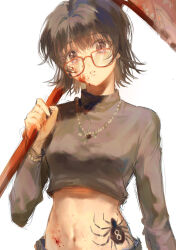 Rule 34 | 1girl, absurdres, blood, blood on face, bracelet, brown eyes, brown hair, crop top, glasses, hair between eyes, highres, holding, hunter x hunter, jewelry, long sleeves, navel, necklace, parted lips, red-framed eyewear, shizuku murasaki, short hair, sketch, solo, spider tattoo, standing, stomach tattoo, tattoo, white background, yu 333o