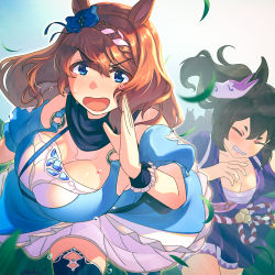 Rule 34 | 2girls, animal ears, black hair, black scarf, blue bow, blue dress, blue eyes, blue sleeves, blush, bouncing breasts, bow, braid, breasts, brown hair, cleavage, clenched teeth, closed eyes, coin, coin on string, commentary request, cowboy shot, detached sleeves, dress, fox mask, hair between eyes, hair bow, highres, horse ears, horse girl, inari one (umamusume), japanese clothes, kimono, large breasts, long hair, looking at viewer, mask, mask on head, multiple girls, o-ring, obi, open mouth, pink sash, puffy short sleeves, puffy sleeves, purple kimono, reihou19, running, sarashi, sash, scarf, short sleeves, super creek (umamusume), teeth, twintails, umamusume, very long hair