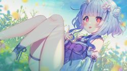 Rule 34 | blue hair, blunt bangs, breasts, detached sleeves, grass, highres, nature, outdoors, peace symbol, petals, red eyes, sitting, skindentation, small breasts, thigh strap, tongue, tongue out, usamata