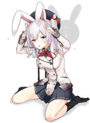 Rule 34 | 10s, 1girl, animal ears, blue eyes, breasts, chanhimo, female focus, gloves, hat, kantai collection, kashima (kancolle), large breasts, long hair, military, military uniform, miniskirt, pleated skirt, rabbit ears, rabbit pose, silver hair, skirt, smile, solo, twintails, uniform, wavy hair