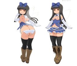 Rule 34 | 1girl, adapted costume, areola slip, ass, bare shoulders, bikini, black hair, black thighhighs, blue bow, blunt bangs, blush, boots, bow, breasts, closed mouth, commentary request, crotchless, crotchless panties, elbow gloves, fairy wings, frilled shirt collar, frills, full body, gloves, grin, hair bow, half-closed eyes, hamaburicchi, index finger raised, knee boots, long hair, looking at viewer, looking back, micro bikini, microskirt, multiple views, navel, panties, revealing clothes, simple background, skirt, small breasts, smile, standing, star (symbol), star print, star sapphire, swimsuit, thighhighs, touhou, underwear, very long hair, white background, wings