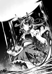 Rule 34 | 1girl, absurdres, bow, breasts, crying, crying with eyes open, dated, detached sleeves, floating clothes, floating hair, from side, greyscale, hair bow, hakurei reimu, highres, huge filesize, japanese clothes, looking at viewer, medium breasts, miko, monochrome, moon, navel, open hand, qingwa chi she, skirt, solo, tears, touhou, wide sleeves