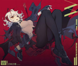 Rule 34 | 1girl, 2020, :d, ahoge, antennae, arknights, black footwear, black gloves, black jacket, black pantyhose, black scarf, black skirt, breasts, brown eyes, character name, commentary, explosive, fingerless gloves, gloves, grenade, grenade launcher, grey shirt, highres, holding, holding grenade, horns, jacket, large breasts, long sleeves, looking at viewer, miniskirt, mongarit, nail polish, open mouth, pantyhose, red background, red nails, revision, scarf, shirt, shoes, short hair, silver hair, skirt, smile, solo, taut clothes, taut shirt, thighs, w (arknights), weapon