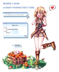 Rule 34 | 1girl, :3, apple, armor, blonde hair, blush, blush stickers, boots, breastplate, brown eyes, brown footwear, brown gloves, brown shorts, commentary, dagger, english commentary, flipped hair, food, fruit, full body, gameplay mechanics, gloves, grass, green shirt, hands on own cheeks, hands on own face, highres, knife, leg up, looking down, mushroom, nanaya (shohei77), novice (ragnarok online), open mouth, poring, ragnarok online, red apple, sheath, sheathed, shirt, short hair, shorts, simple background, sleeveless, sleeveless shirt, slime (creature), smile, translation request, user interface, weapon, white background