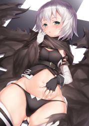 Rule 34 | 1girl, bandaged arm, bandages, belt, belt buckle, black belt, black gloves, black panties, black thighhighs, blush, breasts, buckle, checkered floor, cloak, fate/apocrypha, fate/grand order, fate (series), fingerless gloves, gloves, gluteal fold, green eyes, jack (power stone), jack the ripper (fate/apocrypha), looking at viewer, lying, maosame, navel, no pants, on back, on floor, panties, scar, scar across eye, scar on face, short hair, silver hair, single glove, small breasts, solo, tattoo, thighhighs, underwear