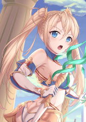 Rule 34 | 1girl, absurdres, armor, ass, bad id, bad pixiv id, bare shoulders, bikini, blonde hair, blue bikini, blue eyes, blue gloves, blue sky, blush, bradamante (fate), braid, breasts, butt crack, cleavage, crown braid, day, dimples of venus, elbow gloves, fate/grand order, fate (series), faulds, gloves, highleg, highleg bikini, highres, large breasts, long hair, looking at viewer, md5 mismatch, open mouth, pillar, scepter, sky, solo, swimsuit, takamitsu k, twintails, two-tone bikini, two-tone gloves, very long hair, white bikini, white gloves