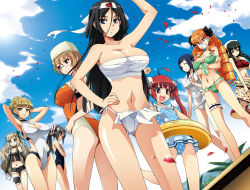 Rule 34 | 6+girls, angry, antenna hair, armpits, arms up, bare shoulders, bikini, black eyes, black hair, blonde hair, blue eyes, blue hair, breasts, cleavage, clenched teeth, closed eyes, cloud, crossed arms, drill hair, elbow gloves, everyone, flat chest, fundoshi, glasses, gloves, green eyes, green hair, grey hair, hair ornament, hand on own hip, happy, innertube, japanese clothes, large breasts, long hair, looking at viewer, multiple girls, navel, open mouth, orange hair, petals, ponytail, red eyes, red hair, saipaco, sarashi, sky, smile, standing, sun, sunlight, swim ring, swimsuit, teeth, twintails, very long hair