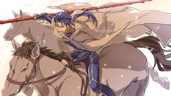 Rule 34 | 1boy, blue hair, cape, cu chulainn (fate), earrings, fate/stay night, fate (series), gae bolg (fate), horse, jewelry, kon manatsu, cu chulainn (fate/stay night), long hair, male focus, polearm, ponytail, red eyes, sexy44, solo, spear, weapon