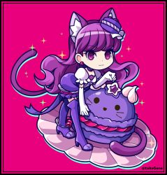 Rule 34 | 10s, 1girl, :3, animal ears, boots, cat ears, cat tail, chibi, choker, cure macaron, elbow gloves, extra ears, food, food-themed hair ornament, gloves, hair ornament, kirakira precure a la mode, kotozume yukari, layered skirt, leaning forward, long hair, looking at viewer, macaron, macaron hair ornament, magical girl, name connection, object namesake, paw pose, pink background, precure, purple eyes, purple footwear, purple hair, purple neckwear, purple skirt, purple theme, ribbon choker, simple background, skirt, smile, solo, standing, tail, take (takegene), thigh boots, thighhighs, white gloves