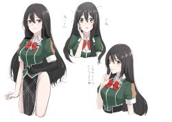 Rule 34 | 10s, 1girl, belt, black gloves, black hair, bow, bowtie, chikuma (kancolle), elbow gloves, finger to mouth, gloves, green jacket, grey eyes, hair between eyes, hand on own cheek, hand on own face, heart, highres, jacket, kantai collection, long hair, morinaga miki, multiple views, pelvic curtain, puffy short sleeves, puffy sleeves, red bow, red bowtie, short sleeves, simple background, single elbow glove, smile, translation request, white background
