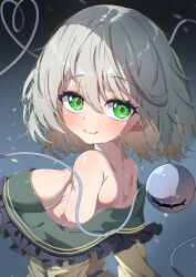 Rule 34 | absurdres, bare shoulders, blush, breasts, commentary request, dfra, eyeball, frilled shirt collar, frills, from side, green eyes, green hair, heart, heart-shaped pupils, heart of string, highres, komeiji koishi, large breasts, light particles, looking at viewer, no headwear, off shoulder, shirt, sideboob, smile, symbol-shaped pupils, third eye, touhou, upper body, wide sleeves, yellow shirt