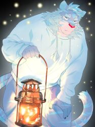 Rule 34 | 1boy, animal ears, bara, blue fur, blue theme, expressionless, feet out of frame, forked eyebrows, furry, furry male, grey fur, half-closed eyes, highres, holding, holding lantern, lantern, leaning forward, light particles, looking at viewer, male focus, original, sanpaku, solo, standing, tail, thick eyebrows, tiger boy, tiger ears, tiger tail, wan jun a jiang, white fur