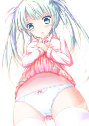 Rule 34 | 1girl, aqua eyes, blue panties, blue ribbon, blush, bow, bow panties, cameltoe, clothes lift, collared shirt, from below, gluteal fold, green hair, hair ribbon, hands up, head tilt, lifted by self, long hair, long sleeves, looking at viewer, looking down, open mouth, original, own hands together, panties, pink shirt, pleated skirt, red skirt, ribbon, shihou haru, shirt, skirt, skirt lift, solo, thighhighs, twintails, underwear, white background, white thighhighs
