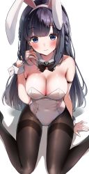 Rule 34 | 1girl, absurdres, animal ears, arm support, bare shoulders, black hair, blue eyes, blush, braid, breasts, cleavage, closed mouth, commentary request, covered navel, detached collar, fake animal ears, head tilt, highleg, highleg leotard, highres, leotard, long hair, makinohara shouko, medium breasts, pantyhose, playboy bunny, rabbit ears, sak (lemondisk), seishun buta yarou, shadow, shiny clothes, shiny skin, simple background, sitting, solo, strapless, strapless leotard, wariza, white background, white leotard, wrist cuffs