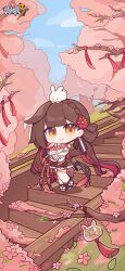 Rule 34 | 1girl, absurdres, animal, animal on head, bare legs, bird, blue sky, blush, branch, brown hair, chibi, chinese clothes, closed eyes, cloud, falling petals, flower, full body, hair flower, hair ornament, highres, holding, holding animal, holding bird, honkai (series), honkai impact 3rd, li sushang, li sushang (jade knight), logo, looking at viewer, official alternate costume, official art, official wallpaper, on head, outdoors, petals, pink flower, sky, smile, stairs, standing, thigh strap, tree