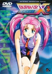 Rule 34 | 1990s (style), 1girl, absurdres, bare shoulders, belt, blouse, blue eyes, breasts, burn-up, burn-up excess, city, cover, dvd cover, hair ribbon, highres, ikeda yuuji, large breasts, leaning forward, leg hold, legs, lilica evett, lipstick, long hair, makeup, miniskirt, necktie, official art, pencil skirt, pink hair, police, police uniform, policewoman, retro artstyle, ribbon, scan, shirt, side slit, skirt, sleeveless, sleeveless shirt, smile, solo, thighs, twintails, uniform