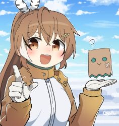 Rule 34 | 1girl, :d, ?, ahoge, brown eyes, brown hair, cloud, cloudy sky, coat, cosplay, feather hair ornament, feathers, friend (nanashi mumei), gloves, gyaheung, hair ornament, hairclip, hololive, hololive english, ice, jacket, long hair, looking at viewer, multicolored hair, nanashi mumei, open mouth, orange coat, orange jacket, parka, ponytail, presenting, scene reference, sky, smile, sora yori mo tooi basho, streaked hair, tamaki mari, tamaki mari (cosplay), teeth, upper body, upper teeth only, very long hair, virtual youtuber, white gloves, winter clothes