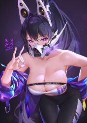 Rule 34 | 1girl, animal ears, armpits, bandeau, bare shoulders, black hair, black pants, breasts, bright pupils, cleavage, collarbone, cowboy shot, fake animal ears, fox shadow puppet, gas mask, goddess of victory: nikke, highres, jacket, large breasts, leaning forward, long hair, looking at viewer, mask, midriff, off shoulder, pants, ponytail, purple eyes, purple jacket, shadow cat (yingmiao), sin (nikke), skindentation, solo, standing, strapless, thigh gap, tube top, very long hair, yoga pants