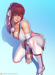 Rule 34 | 1girl, arm guards, blue background, bracelet, breasts, brown eyes, brown hair, cleavage, dead or alive, detached sleeves, full body, hair pulled back, hair ribbon, highres, jewelry, kasumi (doa), large breasts, lips, long hair, nikichen, ninja, no bra, nose, on one knee, panties, pelvic curtain, pink sash, ponytail, ribbon, sash, shin guards, side-tie panties, skindentation, solo, tabi, thick thighs, thighhighs, thighs, underwear, watermark, web address, white panties, white thighhighs
