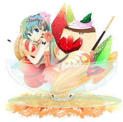 1girl aqua_eyes aqua_hair cherry dress earrings female_focus food fruit hatsune_miku high_heels highres in_food jewelry kneeling long_hair looking_at_viewer marirero_a mini_person minigirl nail_polish pantyhose pocky pudding shoes solo strawberry striped_clothes striped_pantyhose vertical-striped_clothes vertical-striped_pantyhose vocaloid