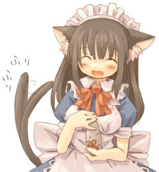 Rule 34 | 7010, animal ears, blush, brown hair, closed eyes, fang, lowres, maid, solo, tail