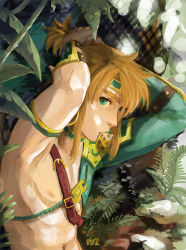 Rule 34 | 1boy, adjusting hair, artist name, bare pectorals, blonde hair, blue eyes, choker, gerudo set (zelda), igote, leaf, link, looking at viewer, male focus, mouth hold, nintendo, pectorals, plant, ponytail, solo, the legend of zelda, the legend of zelda: breath of the wild, toned, toned male, topless male, upper body, vetur02