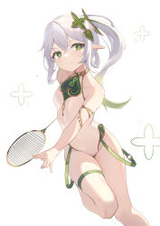 Rule 34 | &gt;:(, + +, 1girl, adapted costume, airool, armlet, badminton racket, bare shoulders, breasts, closed mouth, genshin impact, gradient hair, green eyes, green hair, grey hair, highres, holding, leg up, leotard, long hair, looking at viewer, multicolored hair, nahida (genshin impact), pointy ears, racket, revision, side ponytail, simple background, small breasts, solo, standing, standing on one leg, thigh strap, v-shaped eyebrows, white background, white leotard