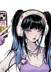 Rule 34 | 1girl, absurdres, animification, aoye de a diu, black hair, blue hair, breasts, brown eyes, cellphone, chinese commentary, choi ye-na, cleavage, colored tips, detached sleeves, headphones, heart, heart in eye, highres, holding, holding phone, jewelry, k-pop, looking at viewer, medium breasts, multicolored hair, nail polish, necklace, parted lips, phone, portrait, purple tank top, real life, red lips, sleeves past fingers, sleeves past wrists, smartphone, solo, symbol in eye, tank top, twintails, white background