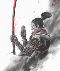 Rule 34 | 1boy, absurdres, closed mouth, closed eyes, from side, hand up, highres, holding, holding sword, holding weapon, katana, male focus, ponytail, profile, prosthesis, prosthetic arm, scarf, sekiro, sekiro: shadows die twice, shimhaq, solo, sword, weapon
