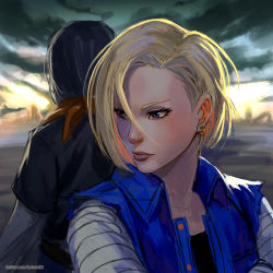 Rule 34 | 1boy, 1girl, android 17, android 18, black hair, blonde hair, blue eyes, brother and sister, closed mouth, commentary, denim, dragon ball, dragonball z, earrings, jewelry, neckerchief, rejean dubois, shirt, short hair, siblings, sketch, twins