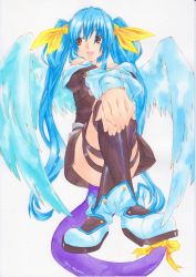 Rule 34 | 1girl, absurdres, arc system works, bare shoulders, blue hair, bow, breasts, dizzy (guilty gear), eisuke (gobangai hole boys), esukebe, feathers, female focus, full body, guilty gear, hair bow, highres, long hair, medium breasts, open mouth, red eyes, ribbon, simple background, solo, tail, tail ornament, tail ribbon, thighhighs, twintails, very long hair, white background, wings