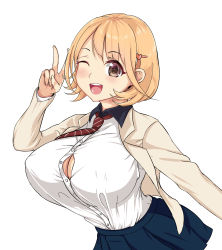 Rule 34 | 10s, 1girl, blush, breasts, brown eyes, brown hair, bursting breasts, cleavage, covered erect nipples, hair ornament, hairclip, highres, huge breasts, looking at viewer, narusawa ryouka, occultic;nine, open mouth, shirt tucked in, short hair, simple background, skirt, smile, solo, v, white background, yuunagi (0217)
